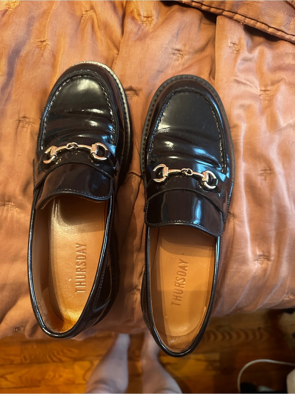 Thursday Boot Company Black Patent Loafers with Gold Buckle